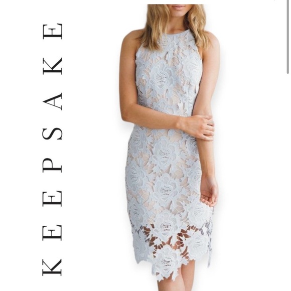 Keepsake Pastel Blue Lace Nude Lined High-Neck True Love Midi Dress Sz L NEW - Picture 1 of 3